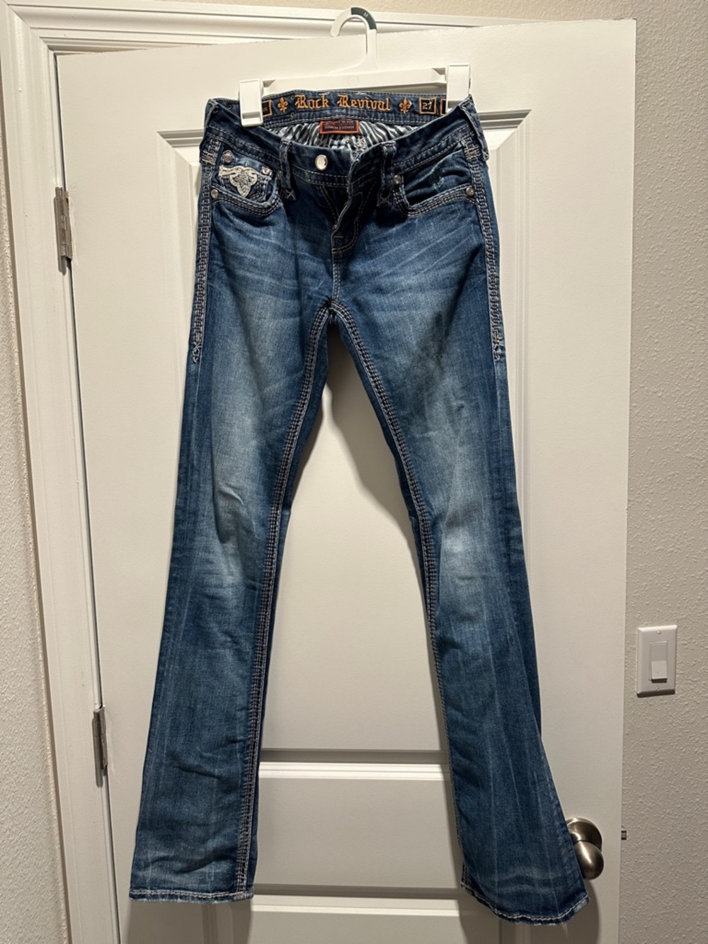 Rock Revival Dark Blue Bootcut Jeans with Embroidered Pockets